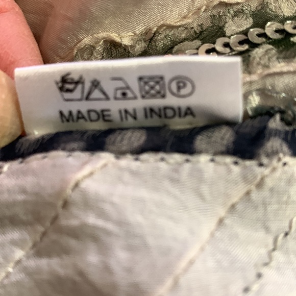 Embellished Indian silk scarf adorned with clear beads and tiny silver sequins. - Picture 4 of 9